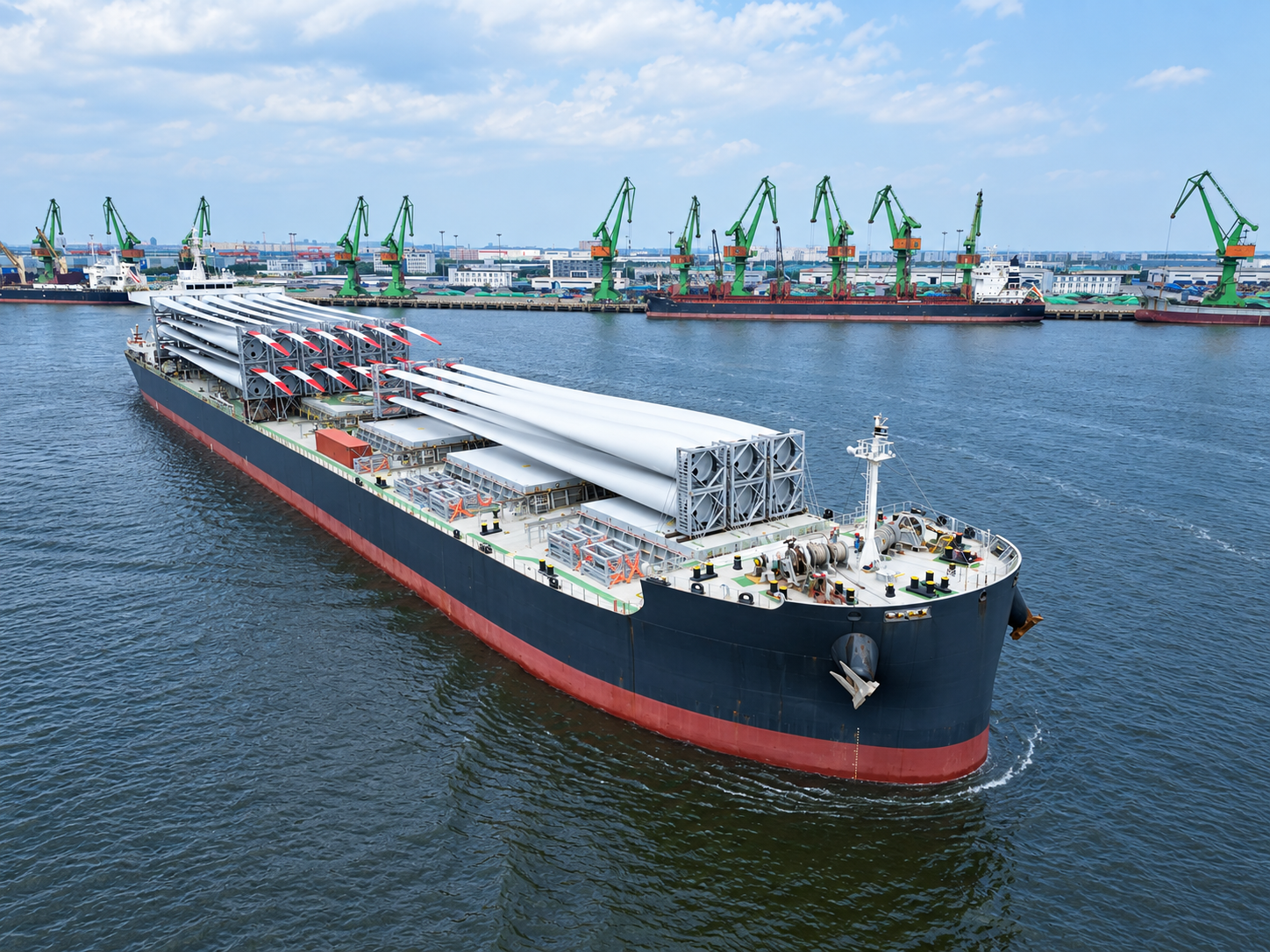 Bulk carrier loaded with wind turbine blades sails past a port lined with green gantry cranes, leaving a visible wake